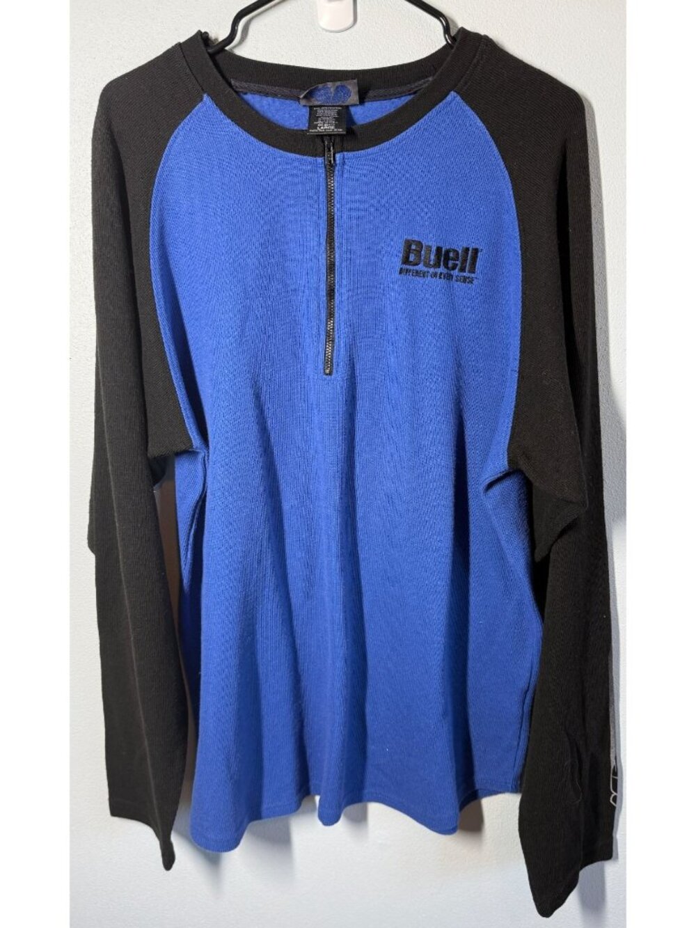 Buell Motorcycle Half Zip Pullover Mens Large Blue/Black Ribbed Knit Top